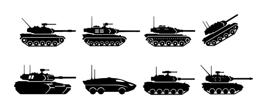 Set of 8 Black Military Tank Icons, Armored Vehicle Silhouettes, Combat Machine Vector Graphics for War and Defense Concepts