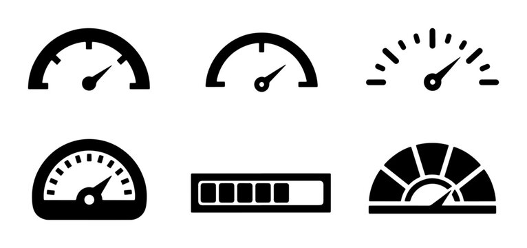Speedometer Icons Set, Gauge Meter Symbols, Performance Indicators, Progress Bar Vector Graphics, Dashboard UI Elements