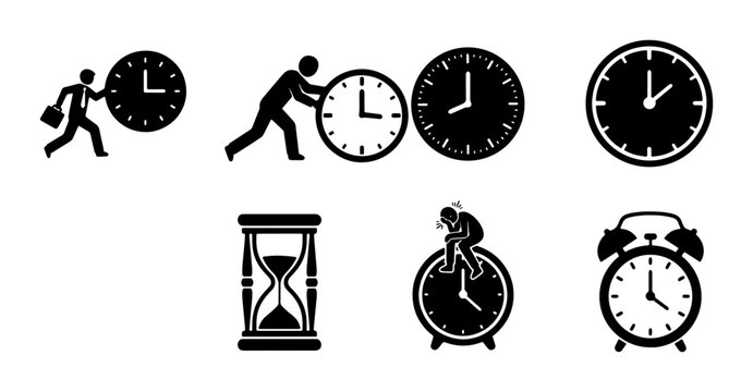 Business Time Management Icons Set, Clock and Hourglass Vector Graphics, Deadline and Schedule Symbols, Productivity and Efficiency Concepts