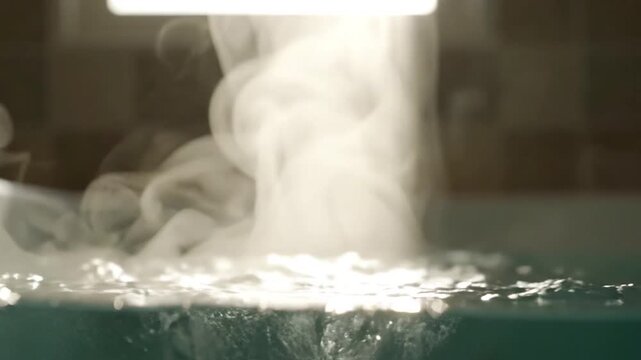 White steam rising above turquoise water surface with soft light and gentle bubbles creating calm atmospheric composition