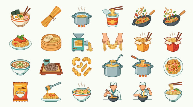 Variety of asian food dishes and ingredients vector illustrations