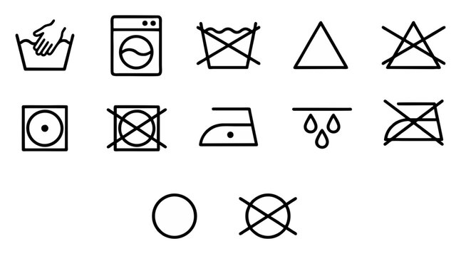 Laundry care instruction symbols set including washing drying ironing and bleaching icons for clothing labels in flat vector graphic style