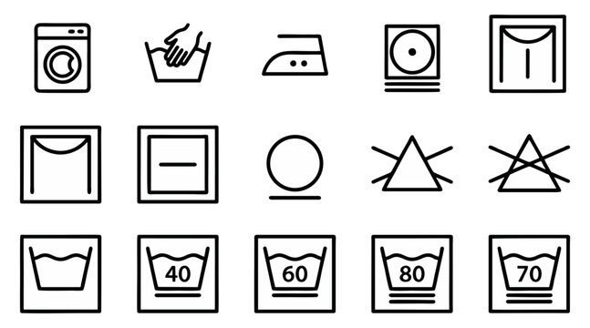 Collection of laundry instruction symbols presented as a clean black and white vector illustration for textile care label design projects