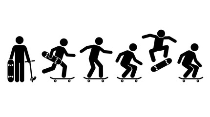Stick figure sequence showing skateboarding techniques and ollie trick execution © matahari