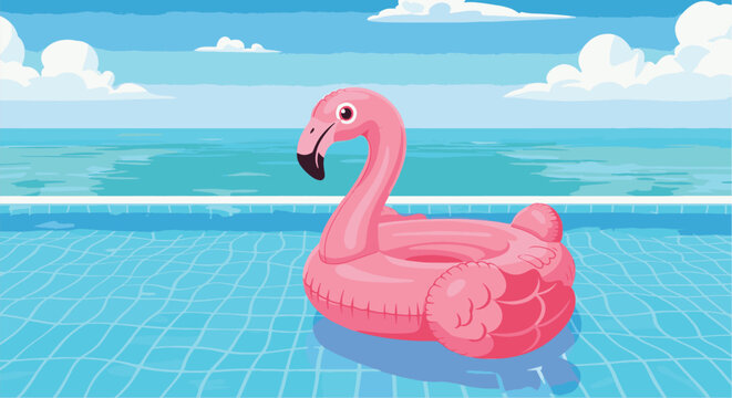 Pink flamingo inflatable pool float drifting on blue water with sea and sky background vector illustration.