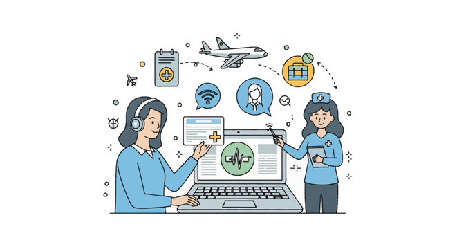 Flat vector illustration of a healthcare operator with headset and a nurse using a laptop for telehealth services, featuring medical transport icons, airplane, and digital health records.