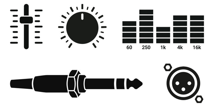 Vector audio equipment icons set including sound level meter equalizer xlr connector