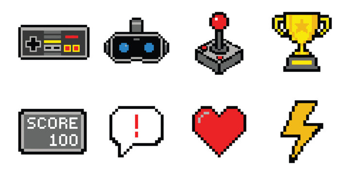 Retro gaming vector icons pixel art game controller joystick trophy and power up elements