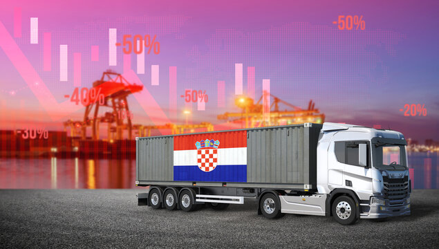 Croatian Trade Imbalance: A container truck bearing the Croatian flag navigates the complexities of global trade, juxtaposed against a backdrop of declining economic indicators.