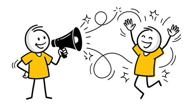 Dynamic stick figures illustrate announcement, engagement, and joyful customer reaction