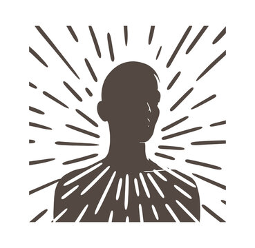 Silhouette of a bald man with sunburst lines emanating from his body and head
