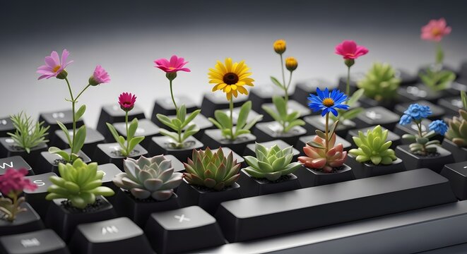 Colorful Flowers and Succulents Growing from Keyboard