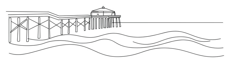 Naklejka premium Continuous line drawing of a seaside pier extending over wavy ocean water perfect for travel promotion