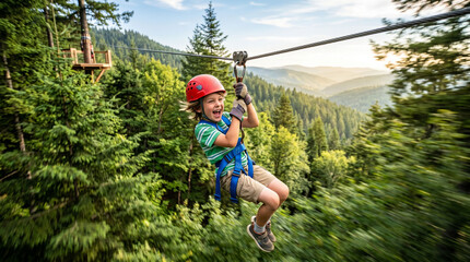 Fototapeta premium Happy Child Ziplining Through Forest Adventure Park in Mountains