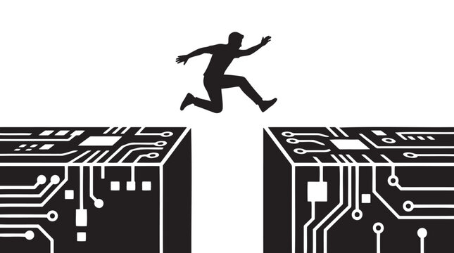 Digital technology gap, a silhouette of a person jumping over a chasm of circuit board elements, symbolizing overcoming challenges and innovation in the tech industry