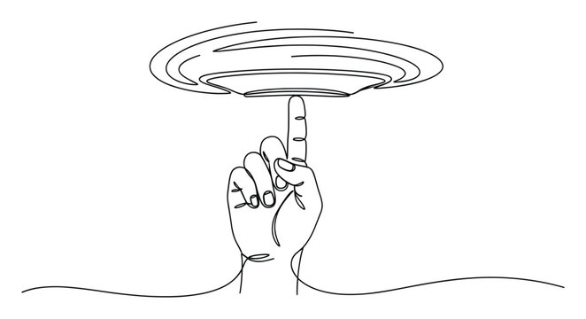 Continuous line drawing of a hand balancing spinning plate on finger for perfect equilibrium