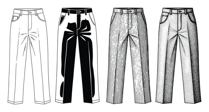Assortment of clothing pants with distinct graphic styles, ideal for apparel industry content.