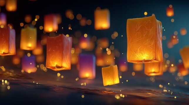 Floating Lanterns Illuminate the Night Sky During Vesak Festival Celebration