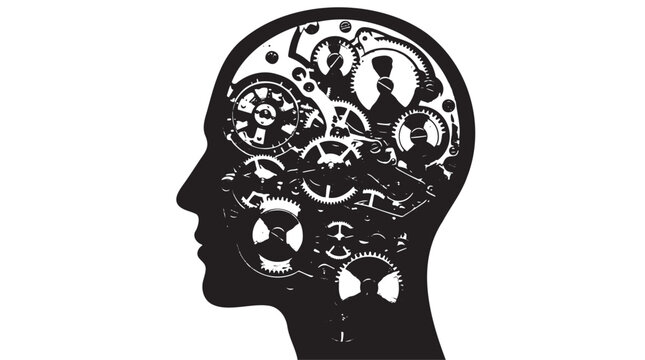 Human head silhouette with intricate gears and cogs, representing complex thought processes. Black and white vector illustration of mechanical mind, artificial intelligence