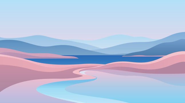 Abstract landscape with river and mountains in pastel colors