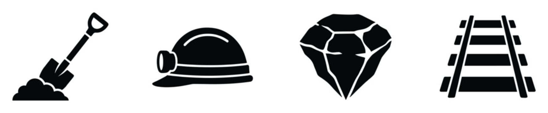 Mining symbols set featuring shovel, miner helmet, raw gem, and railroad tracks for industrial design