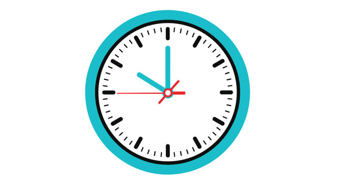 Minimalist analog wall clock with a teal blue frame shows the time as ten minutes past ten on a clear white clock face.