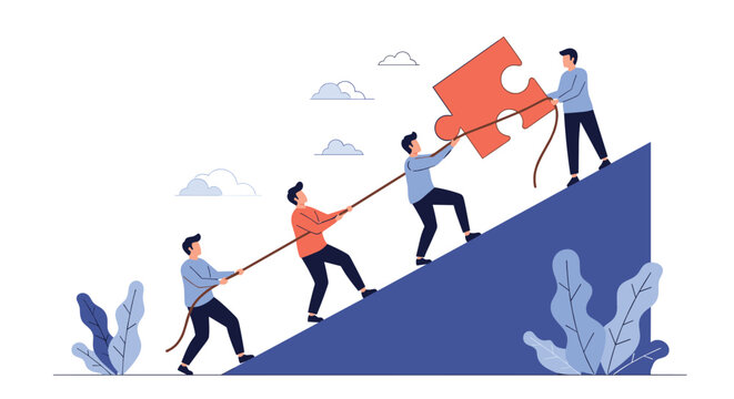 Team of four dedicated professionals works together using a rope to pull a large orange puzzle piece up a steep incline.