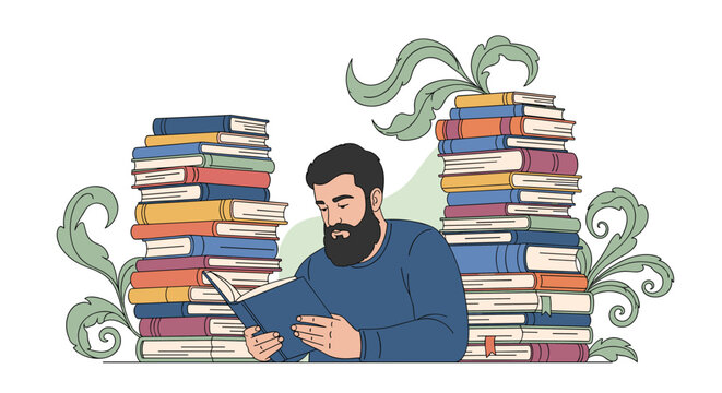 Focused man with a full beard is deeply engaged in reading a book while sitting between two very tall stacks of books.