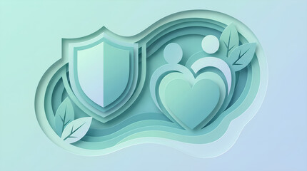 Naklejka premium Layered Paper Cut Healthcare Shield and Family Heart Protection Concept in Teal Mint Tones. Ideal for healthcare branding, insurance marketing, wellness apps, hospital comms, and editorial design.