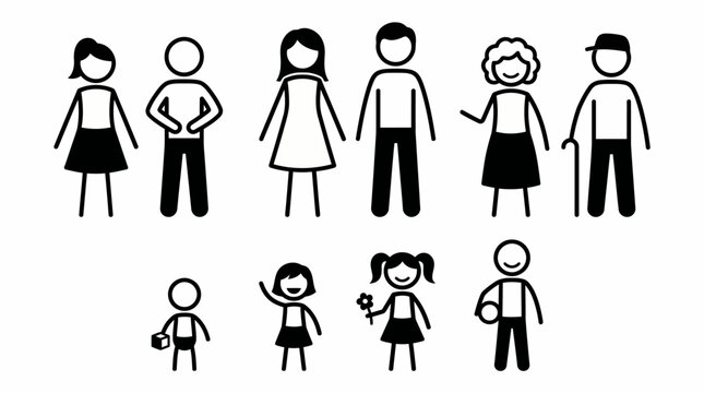 Minimalist flat design icons depicting diverse people from childhood to old age