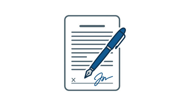 A stylized, flat, blue line art illustration of a pen signing a document on a mobile phone with a checkbox and signature, symbolizing electronic consent or agreement in a modern, digital con