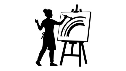 Fototapeta premium Creative artist silhouette, woman painter at easel, artistic expression, black and white graphic, art studio concept, hobby and craft illustration, creative profession icon