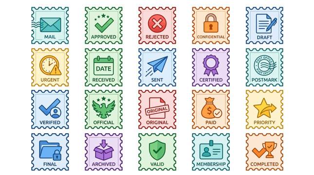 Set of colorful vector stamps illustrating business communication and services