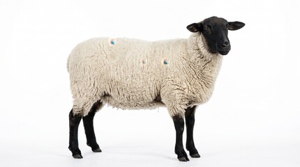 Fototapeta premium Adult sheep with black head and white wool standing against a plain white background