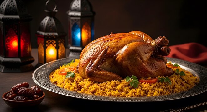 Eid ul adha festival concept colorful roasted chicken and rice platter with lanterns