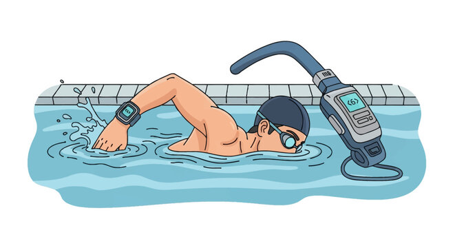 A clean vector illustration of a male swimmer performing a freestyle stroke in a blue swimming pool while using a wrist-worn smartwatch to track laps and athletic performance data.