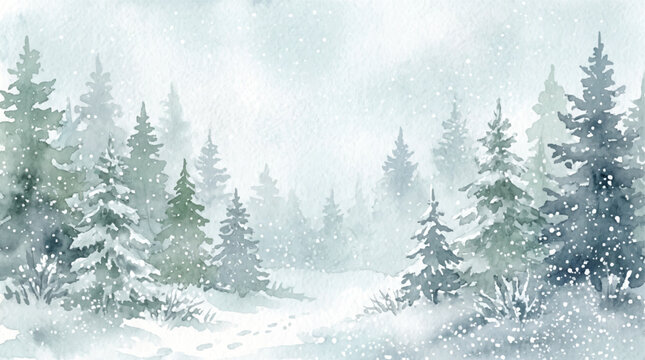 Snowy forest landscape with pine trees and falling snow
