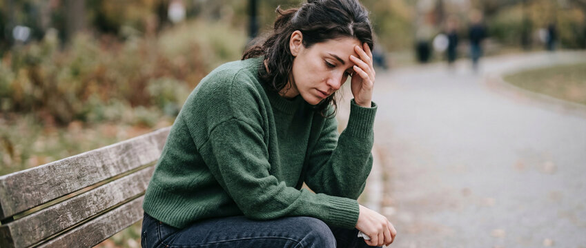 feeling sadness reaction openart.ai concept. Woman sitting on a park bench looking distressed and holding her head in her hand.