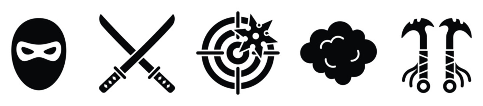 Collection of ninja weapons and stealth icons for martial arts, combat sports, or action adventure applications