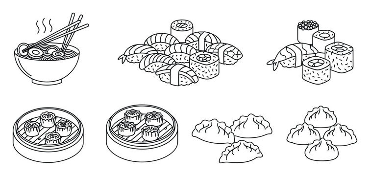 Asian food line art collection with ramen noodles, sushi, maki rolls and various dumplings