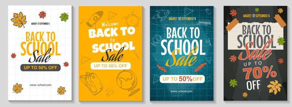 Back to school sale flyer set in vertical portrait orientation. Four creative promotional posters with chalkboard, grid and autumn theme. Ideal for seasonal retail marketing and education advertising.