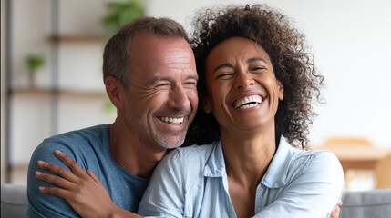 Obraz premium A joyful couple shares a moment of laughter and happiness in a cozy, modern living space, showcasing love and companionship.