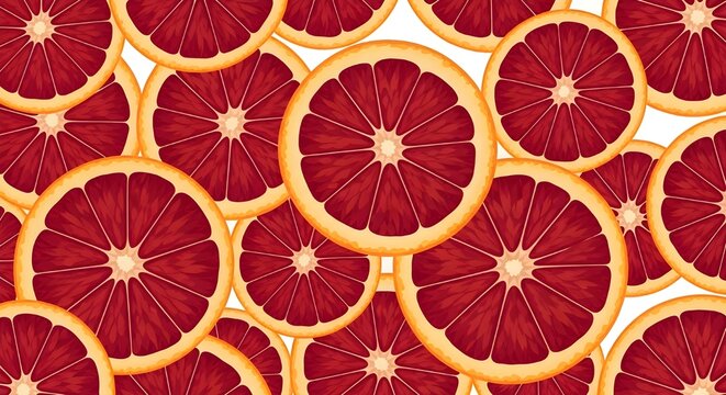 Seamless pattern of sliced grapefruit with golden segments on red background