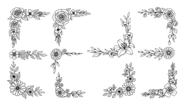Detailed botanical corner borders featuring blooming flowers and leaves for event decor