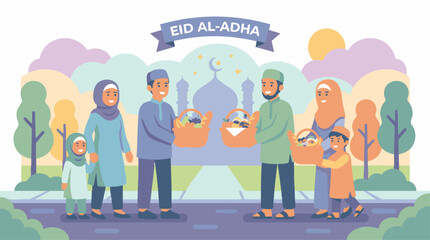 Fototapeta premium Joyful Muslim Families Celebrating a Sacred Festival of Sacrifice and Sharing Gifts with Community Spirit and Togetherness
