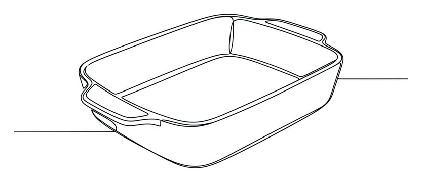 Continuous line drawing of a rectangular baking dish for cooking food presentations or kitchen designs