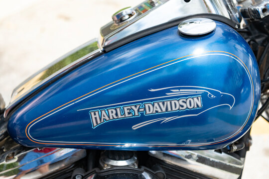 Miami, Florida, USA - July 27, 2025: Blue motorcycle, side view. Harley Davidson FXSTS Softail Springer motorcycle 1991 cruiser. Luxury motorcycle Harley Davidson FXSTS Softail Springer outdoor