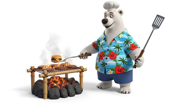 Cartoon polar bear grilling burgers on a tropical themed barbecue