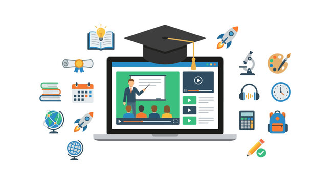 E-learning concept with laptop, graduation cap, and various education-related icons surrounding it, symbolizing online courses and digital learning tools for students and professionals.