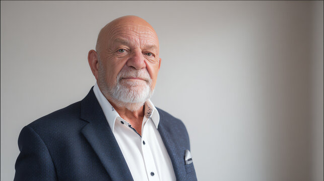 A mature man with a confident expression, dressed in a formal suit, standing against a neutral backdrop, showcasing wisdom and experience.